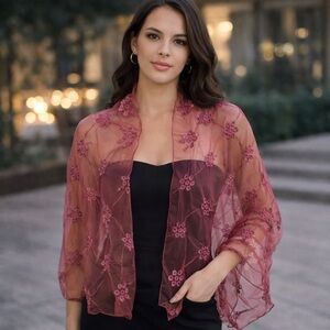 Spinoso Sheer Organza Floral Embroidered Shawl Wrap Pink Evening Scarf 72x24”